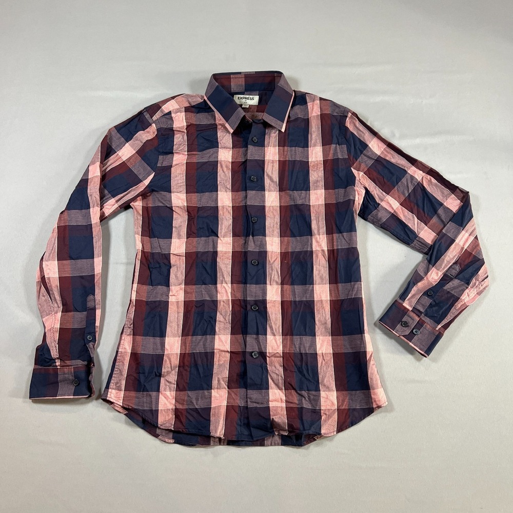 Express Dress Shirt Men Medium Multi Plaid Cotton Long Sleeve Slim Fit Button Up